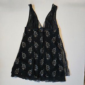 Cabernet Black Babydoll with allover lace & silver detail, black Thong, size S/M